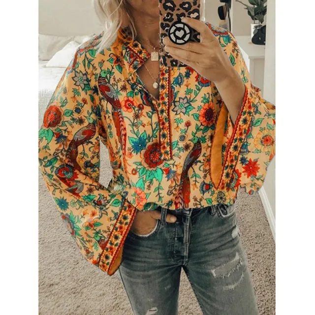 2022 Women Boho Print Blouses Casual Loose Tops Stand V Neck Long Sleeves Button Blouse