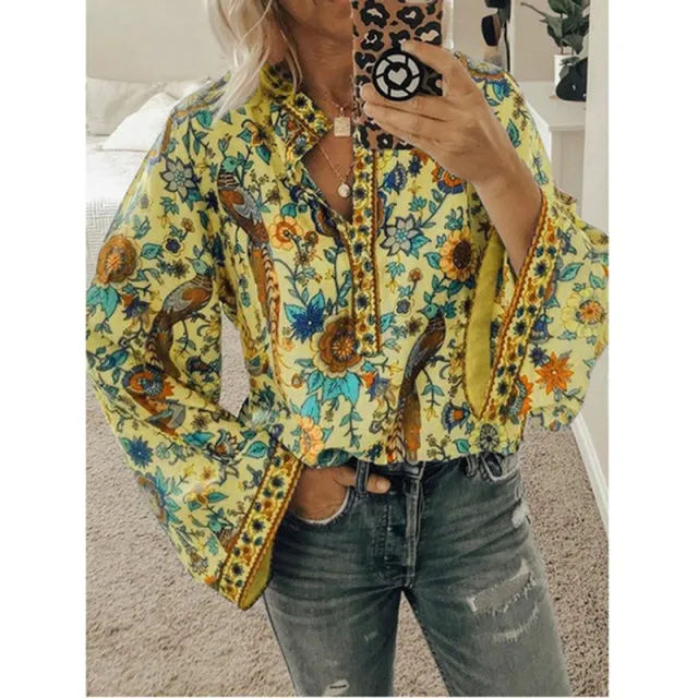 2022 Women Boho Print Blouses Casual Loose Tops Stand V Neck Long Sleeves Button Blouse