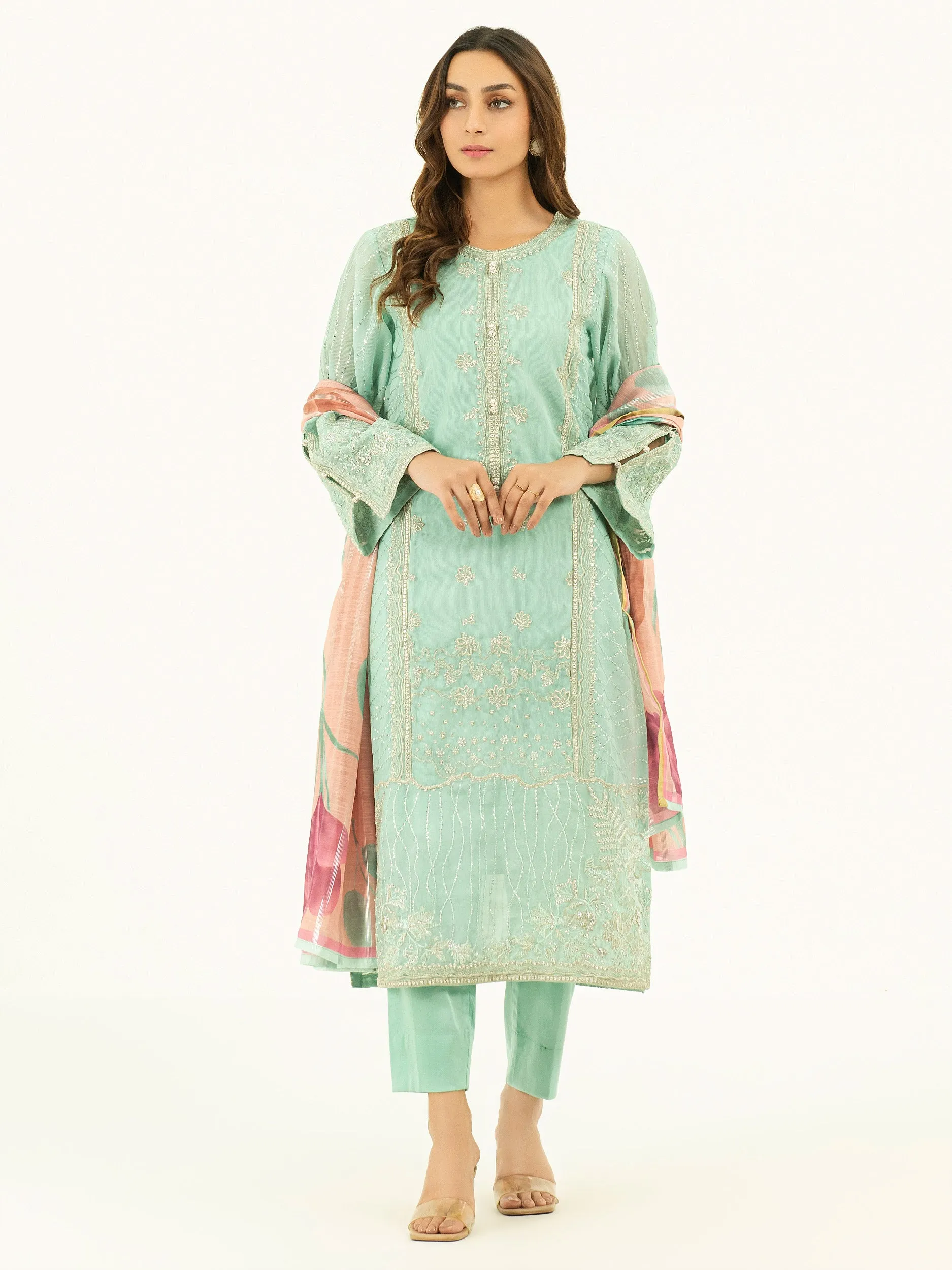 3 Piece Net Suit-Pret Embroidered