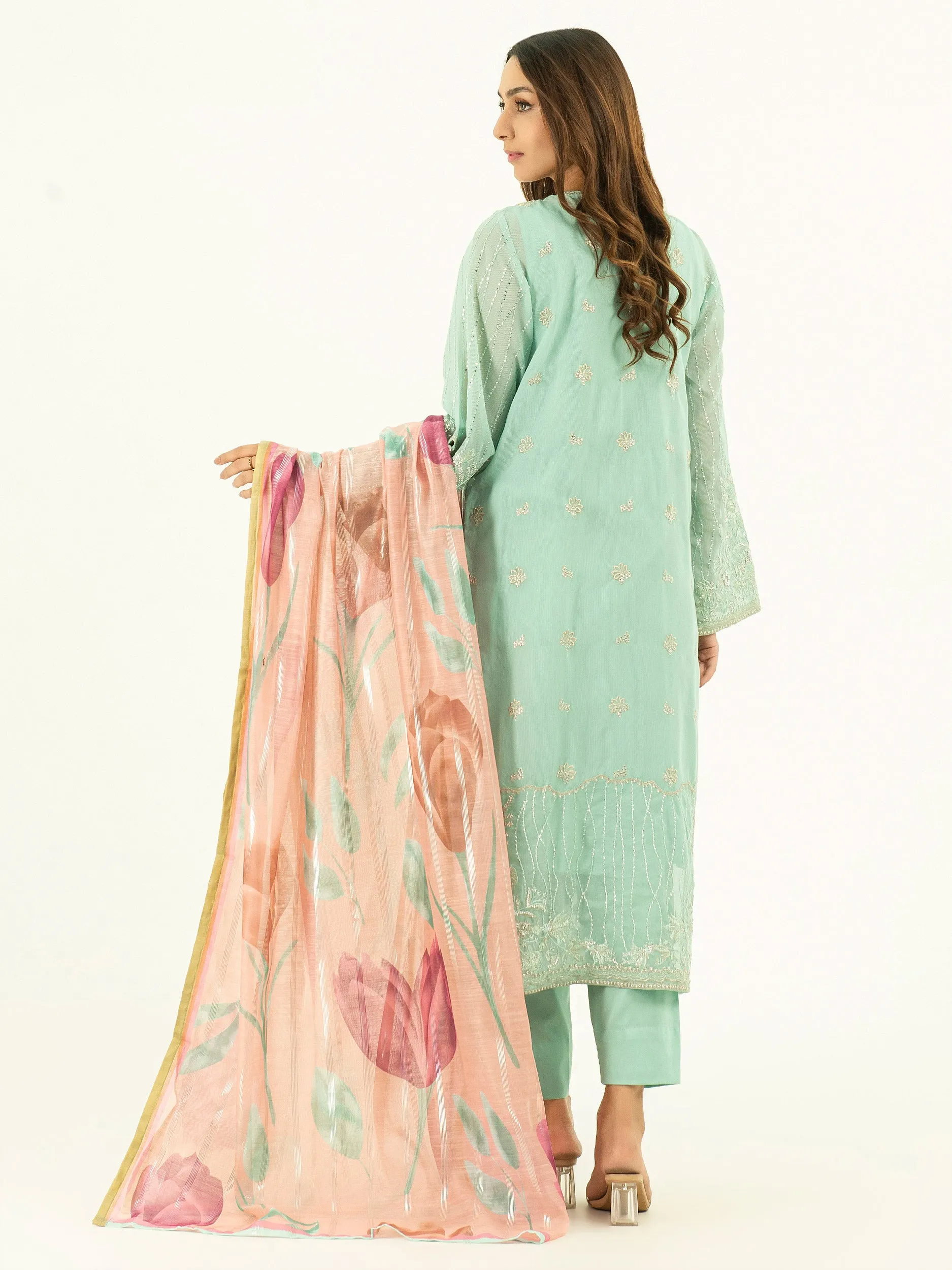 3 Piece Net Suit-Pret Embroidered