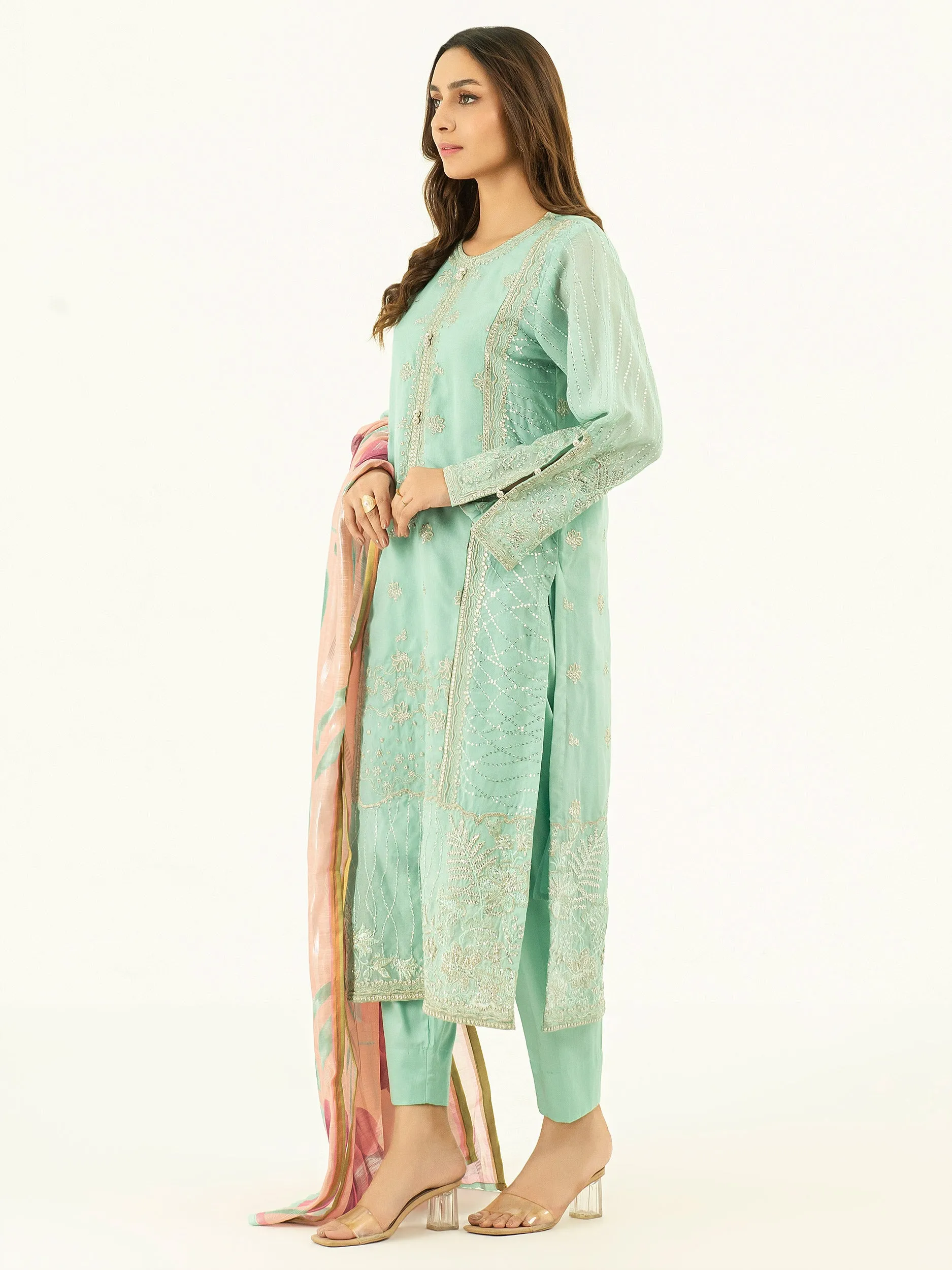 3 Piece Net Suit-Pret Embroidered