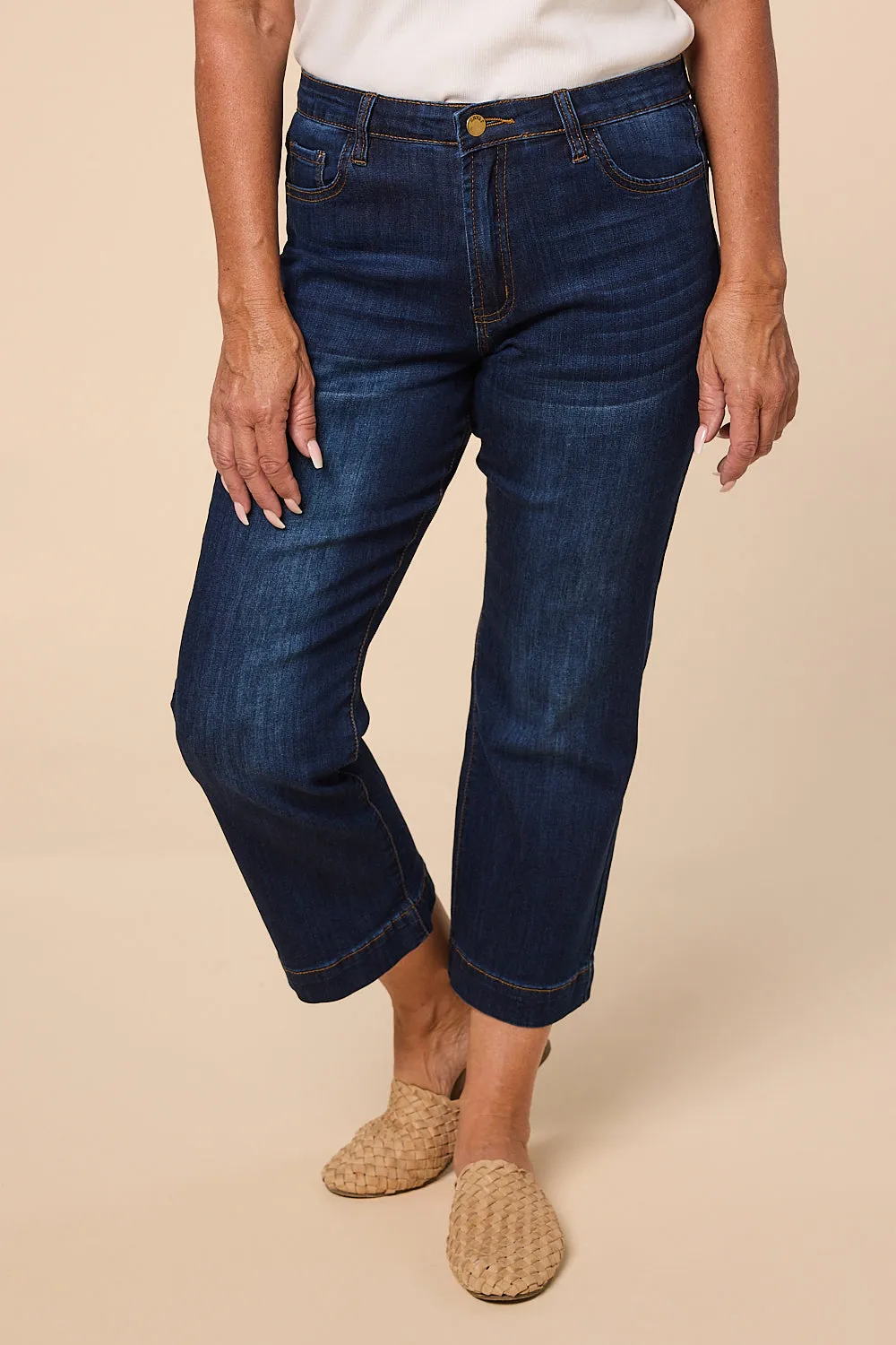 Adrift Denim Cropped Straight Leg Jeans in Dark Wash