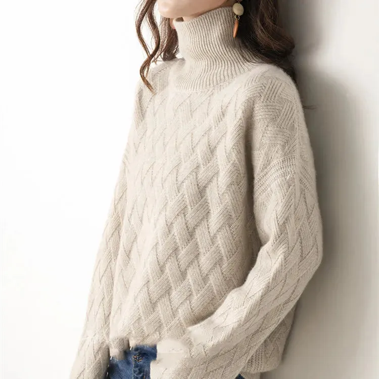 Ashore Shop Autumn and winter turtleneck cashmere sweater woman  new style languid breeze loose thick pullover underlay 100% wool sweater