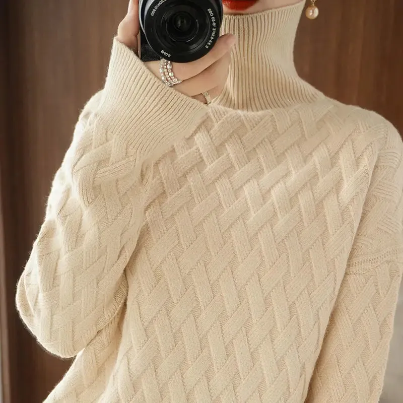 Ashore Shop Autumn and winter turtleneck cashmere sweater woman  new style languid breeze loose thick pullover underlay 100% wool sweater