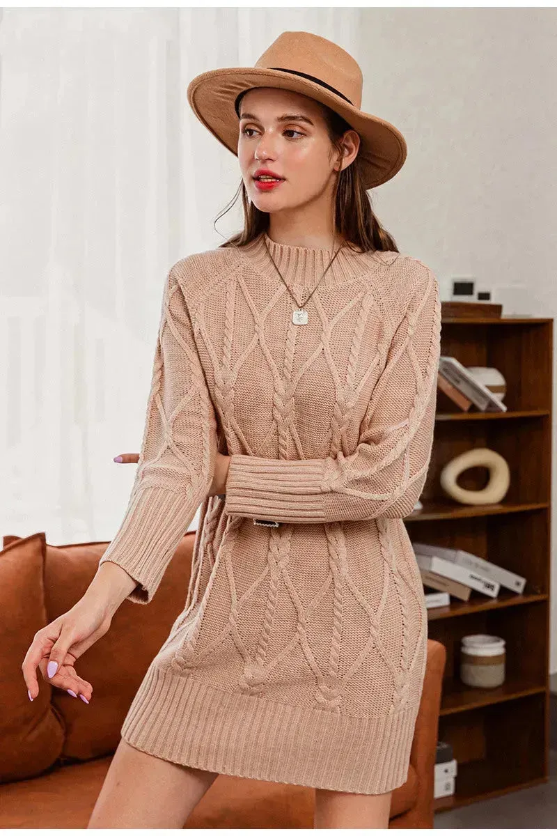 Autumn Winter Round Neck Mini Knitted Wool Sweater Dress