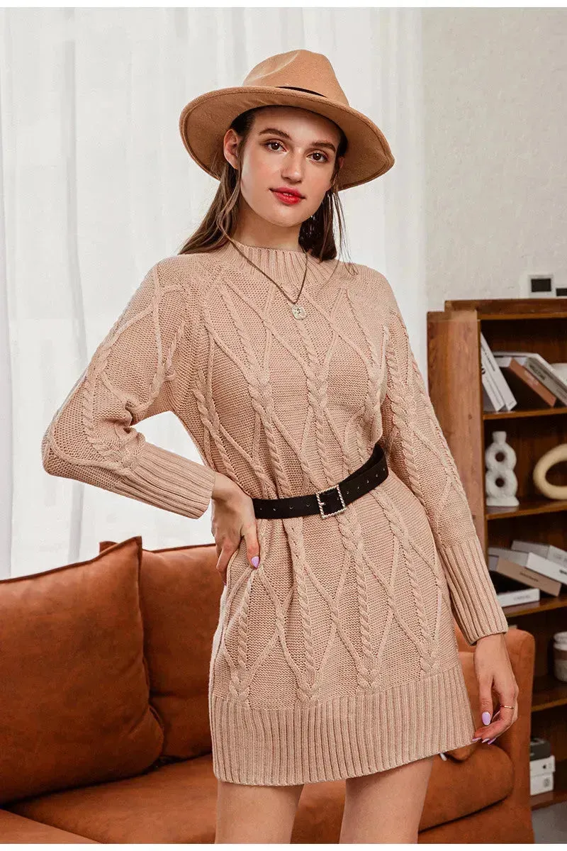 Autumn Winter Round Neck Mini Knitted Wool Sweater Dress