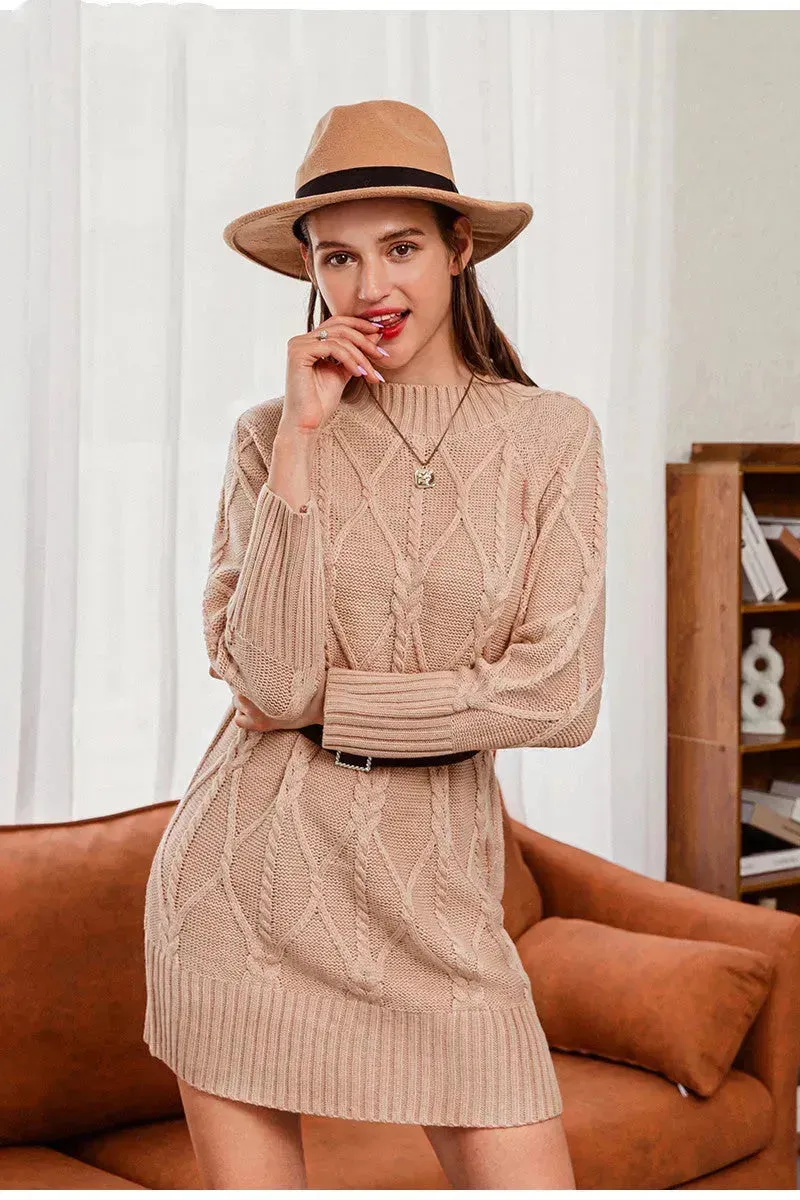 Autumn Winter Round Neck Mini Knitted Wool Sweater Dress