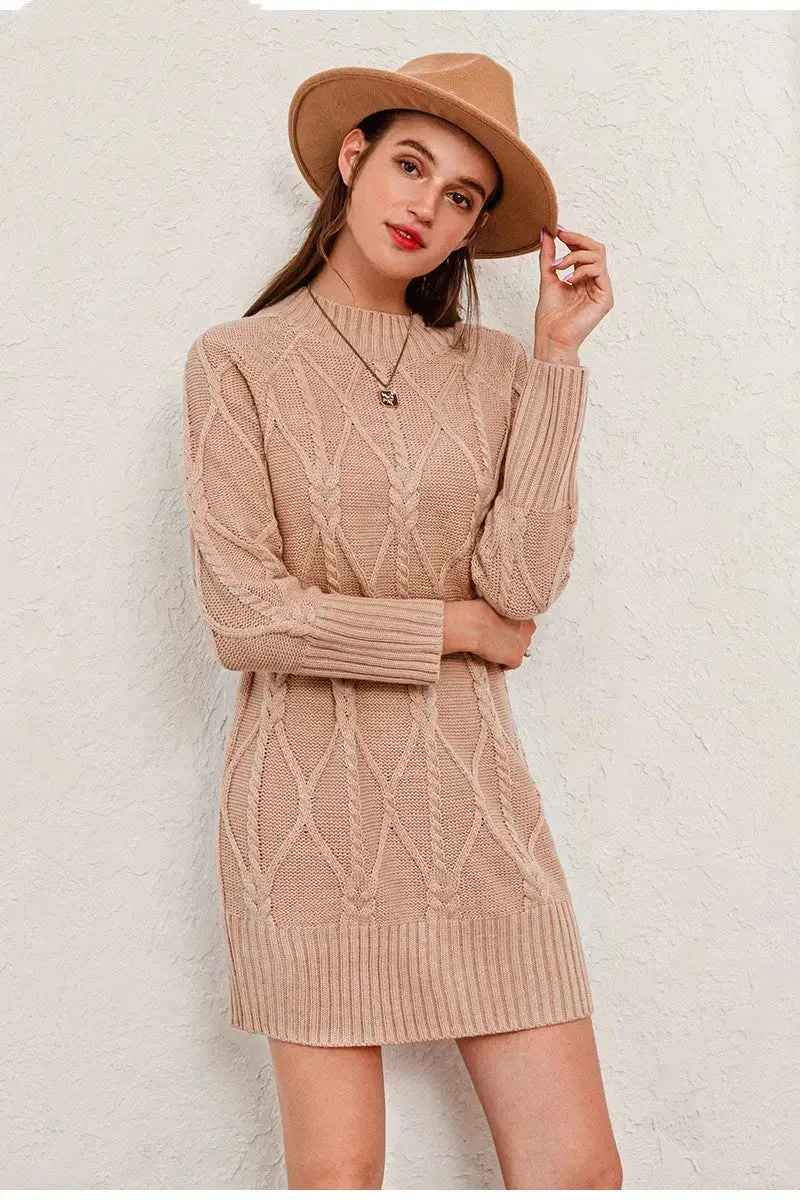 Autumn Winter Round Neck Mini Knitted Wool Sweater Dress