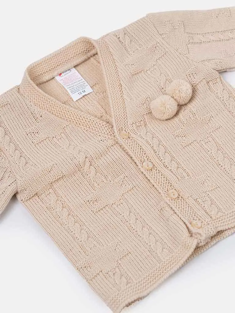 Baby Boy Double Pom-Pom Cardigan-Beige