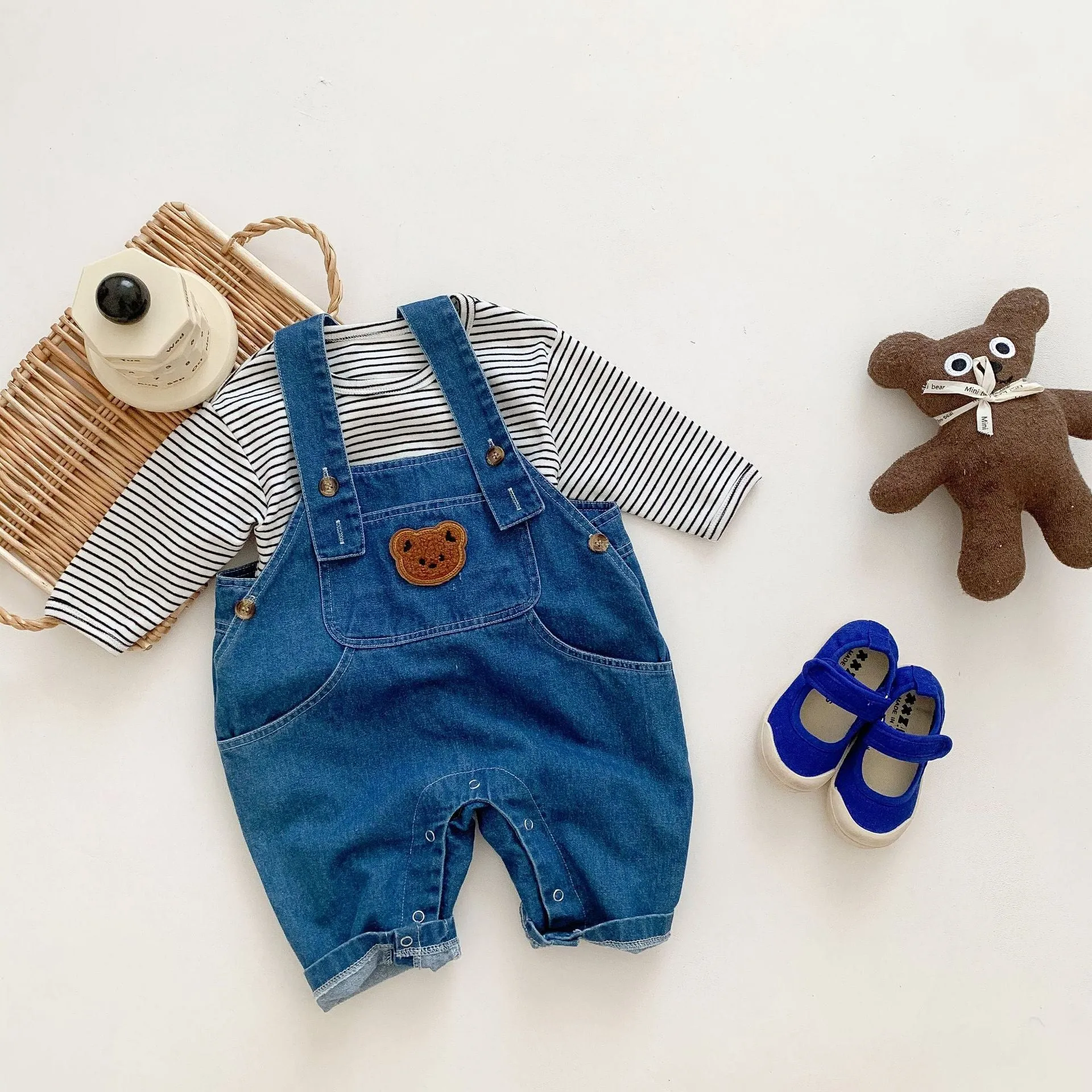 Baby Cartoon Denim Bear Overalls With Striped T-Shirt