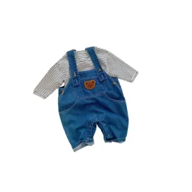 Baby Cartoon Denim Bear Overalls With Striped T-Shirt