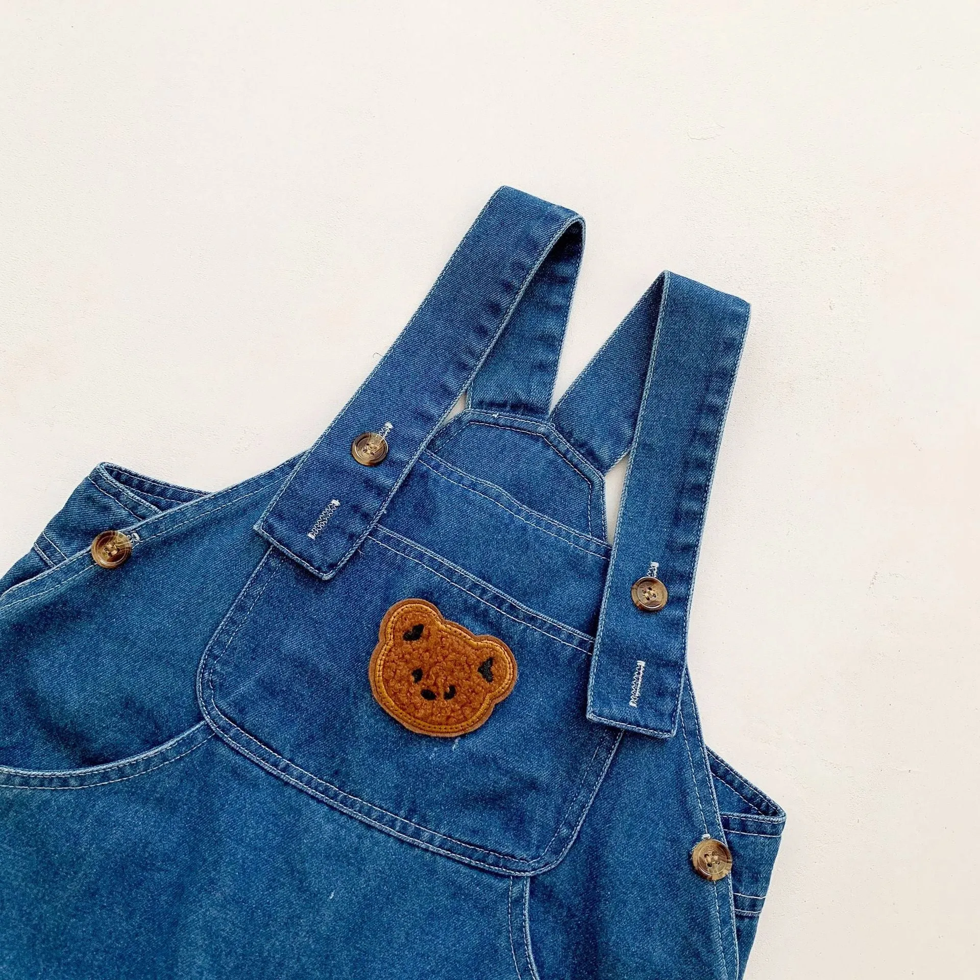 Baby Cartoon Denim Bear Overalls With Striped T-Shirt