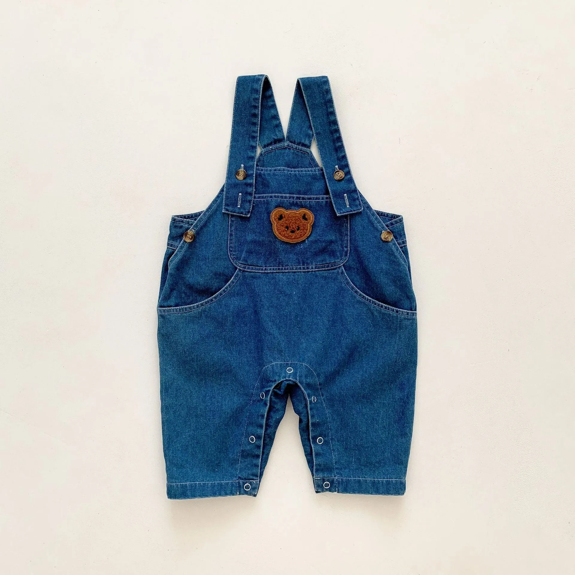 Baby Cartoon Denim Bear Overalls With Striped T-Shirt