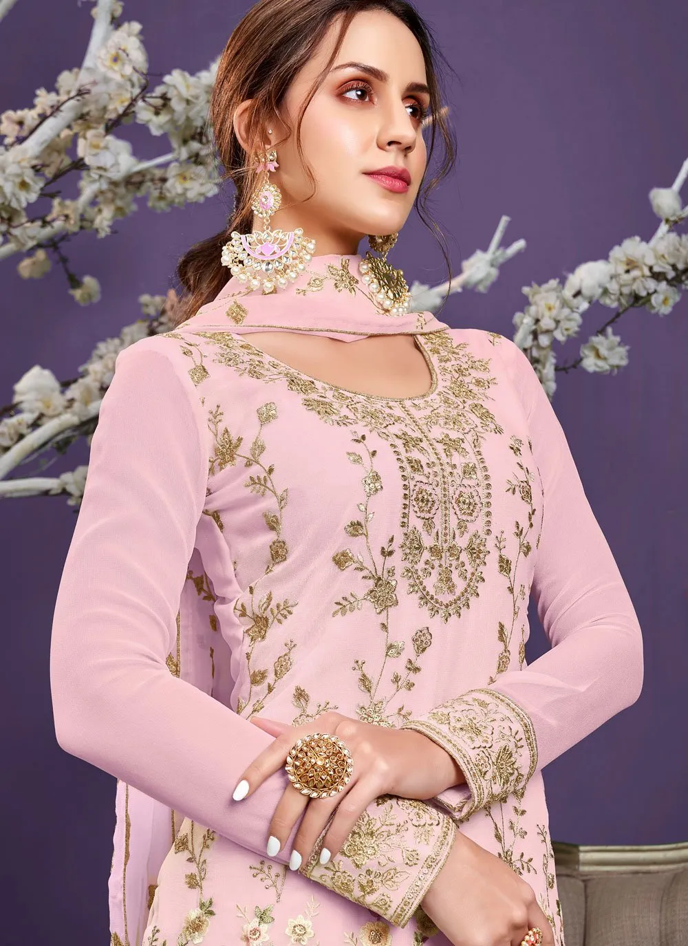 Baby Pink Pakistani Style Georgette Embroidered Salwar Suit