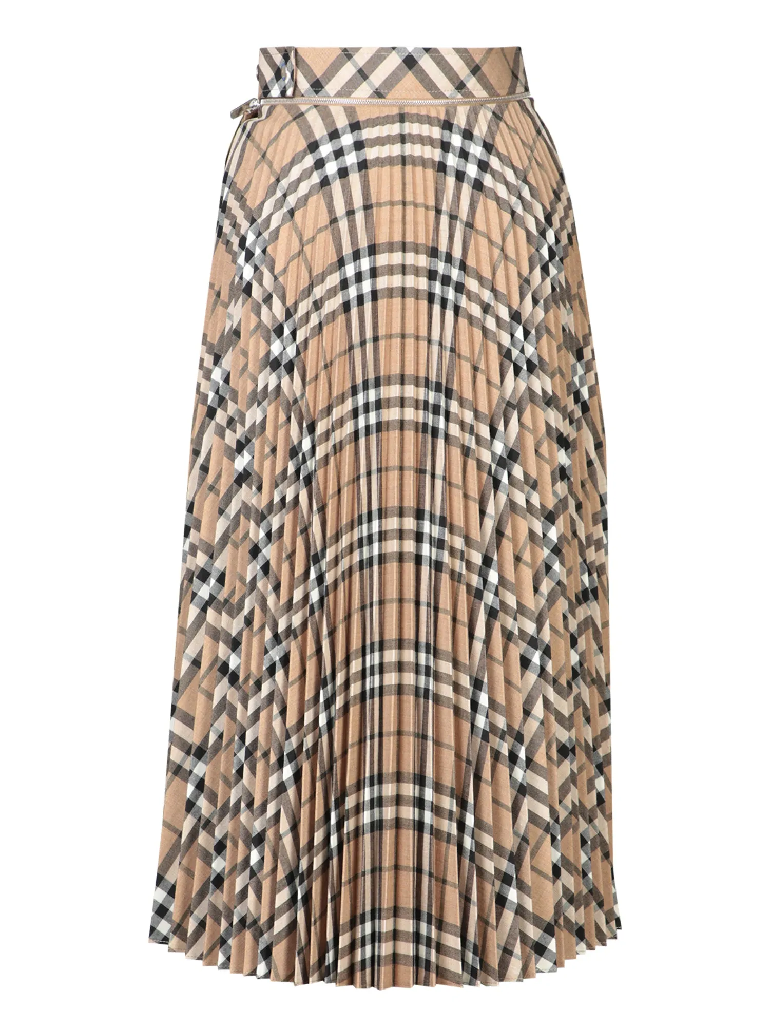 Beige Checked Pleated Midi Skirt