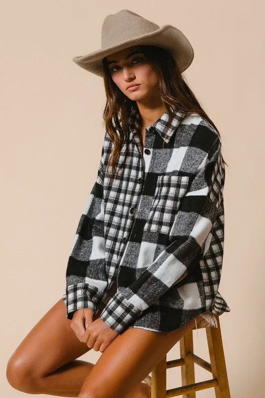 BiBi Women Shirt Black Plaid Fleece US Stock Button Down Long Sleeve