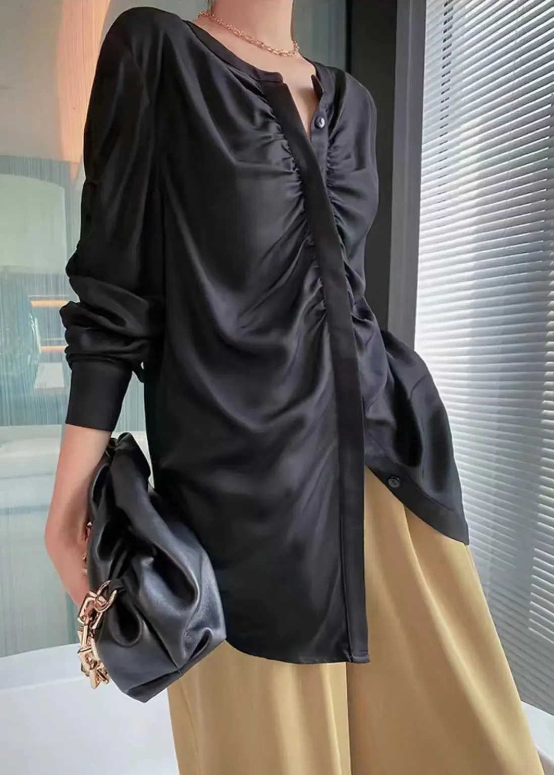 Black Button Wrinkled Patchwork Silk Shirts O Neck Long Sleeve LY9086