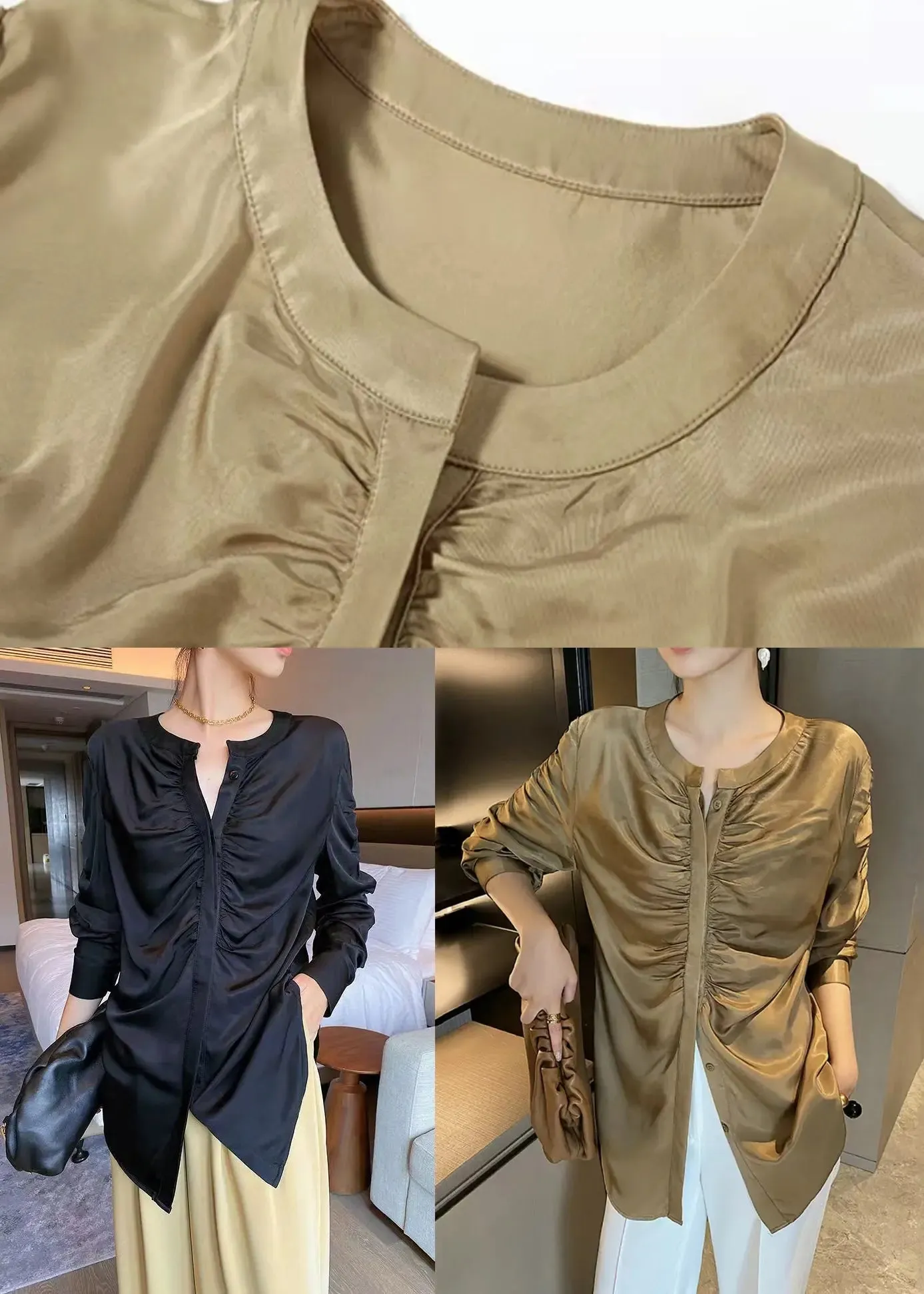 Black Button Wrinkled Patchwork Silk Shirts O Neck Long Sleeve LY9086