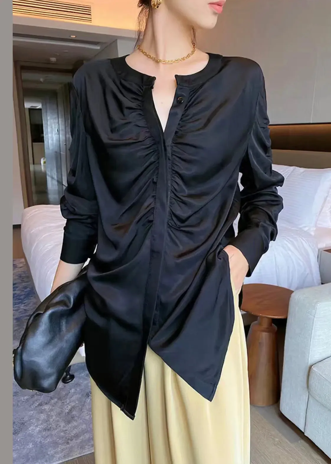 Black Button Wrinkled Patchwork Silk Shirts O Neck Long Sleeve LY9086