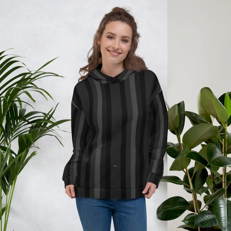 Black Gray Striped Hoodie, Women's or Men's Vertical Stripe Print Premium Unisex Sweatshirt- Made in EU/USA/MX