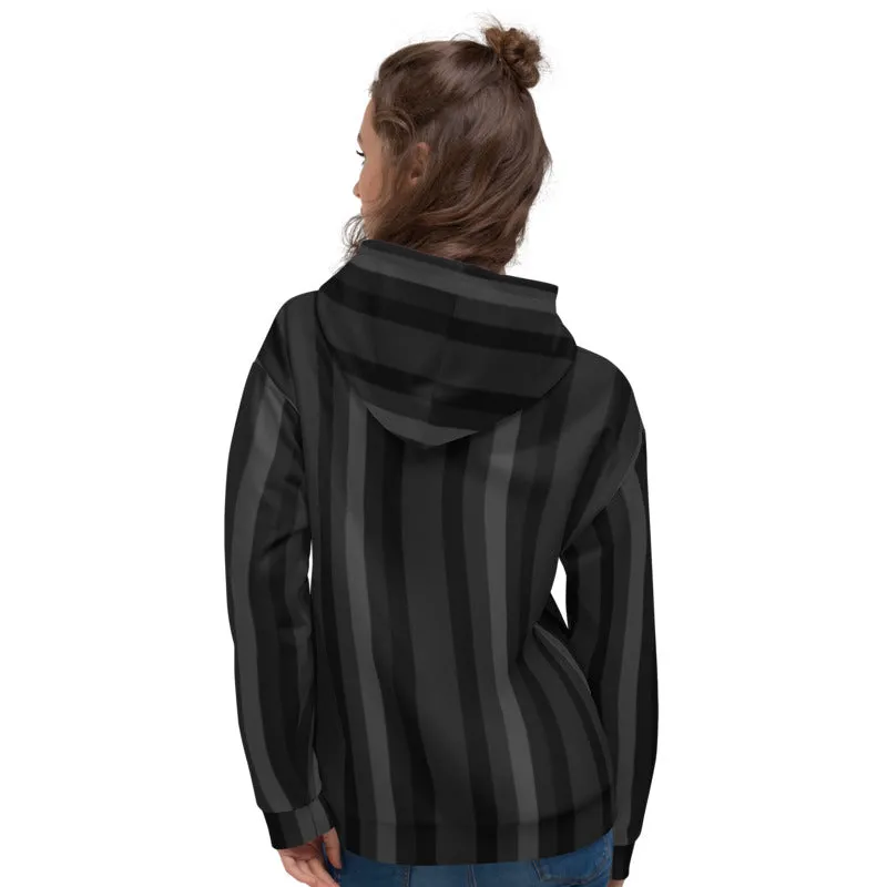 Black Gray Striped Hoodie, Women's or Men's Vertical Stripe Print Premium Unisex Sweatshirt- Made in EU/USA/MX