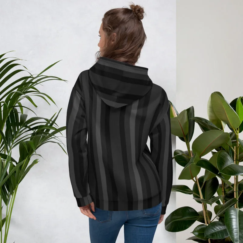 Black Gray Striped Hoodie, Women's or Men's Vertical Stripe Print Premium Unisex Sweatshirt- Made in EU/USA/MX