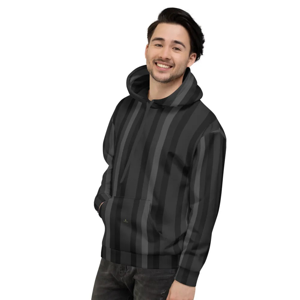 Black Gray Striped Hoodie, Women's or Men's Vertical Stripe Print Premium Unisex Sweatshirt- Made in EU/USA/MX