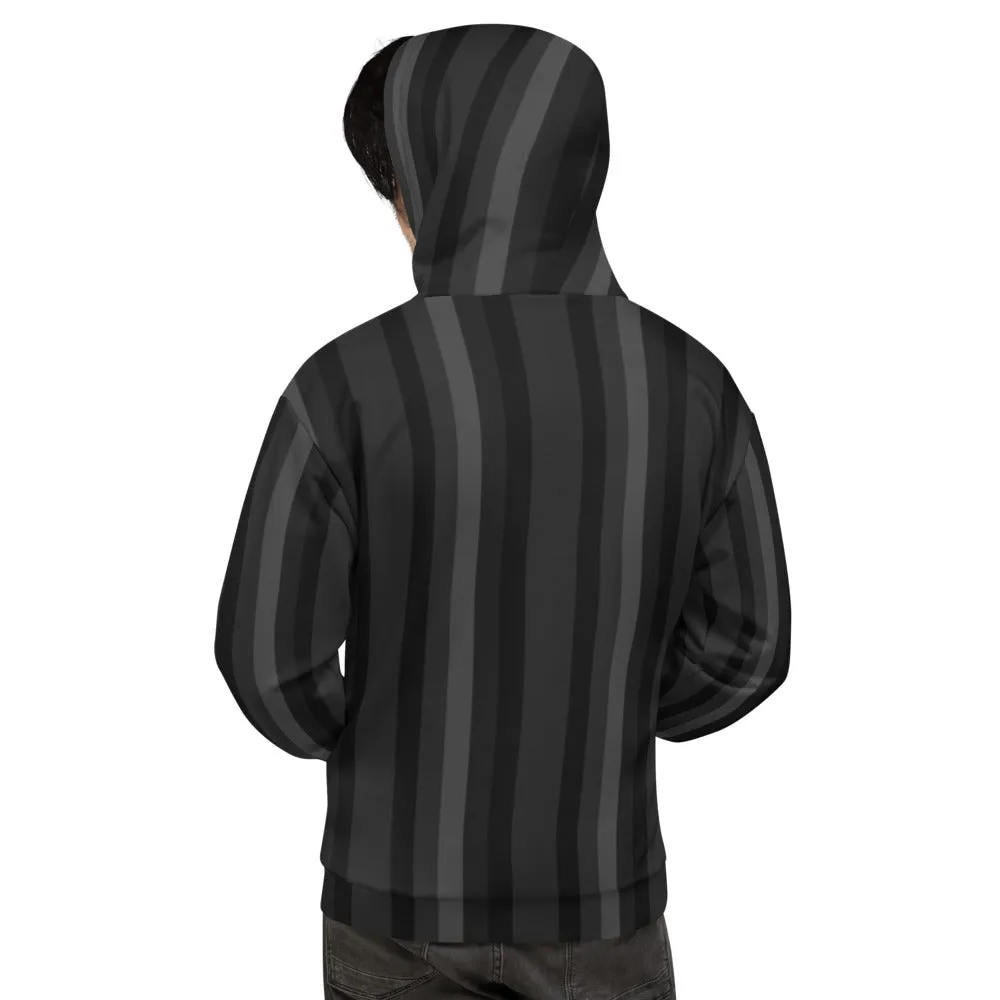 Black Gray Striped Hoodie, Women's or Men's Vertical Stripe Print Premium Unisex Sweatshirt- Made in EU/USA/MX