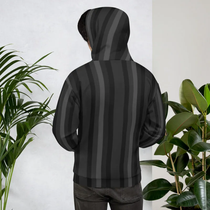 Black Gray Striped Hoodie, Women's or Men's Vertical Stripe Print Premium Unisex Sweatshirt- Made in EU/USA/MX