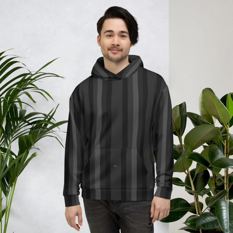 Black Gray Striped Hoodie, Women's or Men's Vertical Stripe Print Premium Unisex Sweatshirt- Made in EU/USA/MX