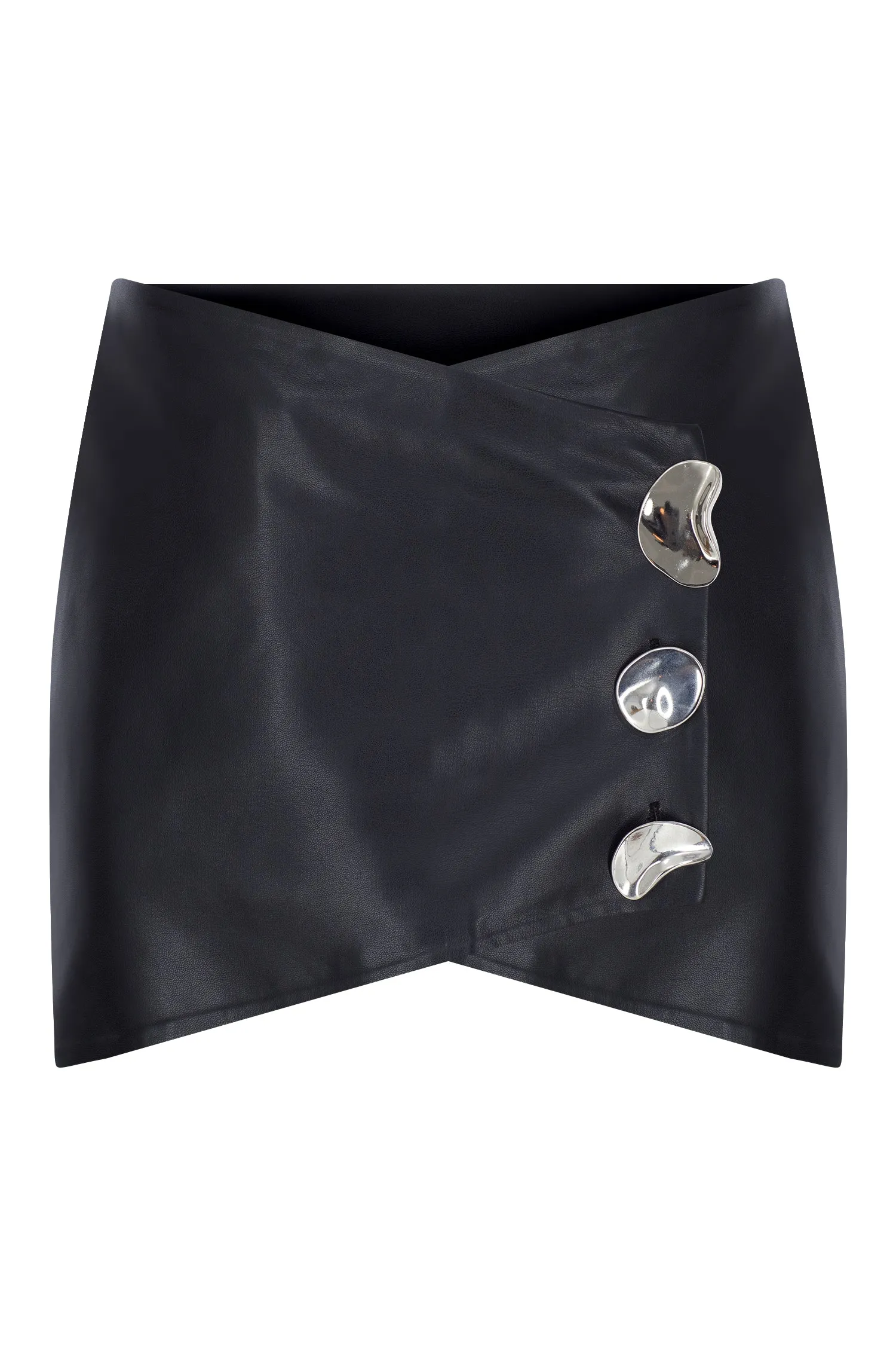 Black Vegan Leather Button Detailed Skirt