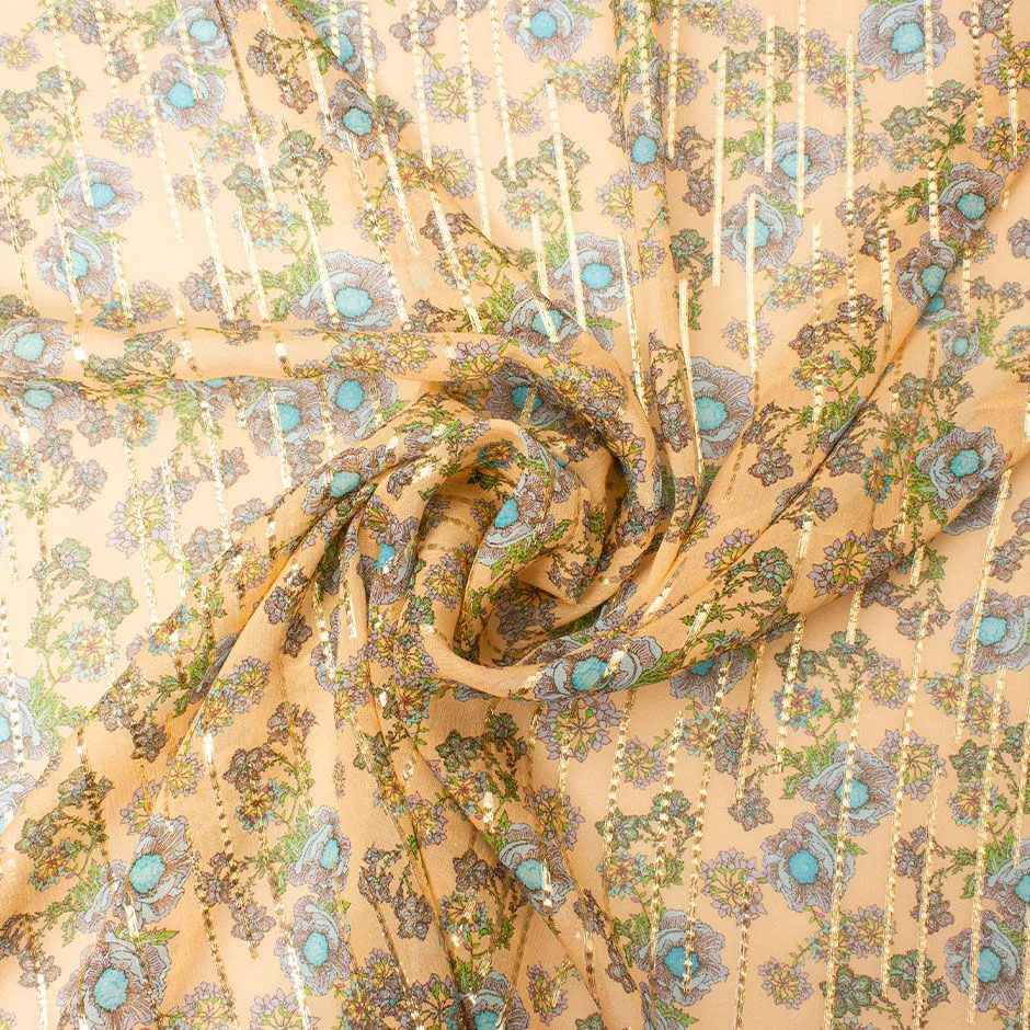 Blue Floral Peach Silk Metallic Chiffon