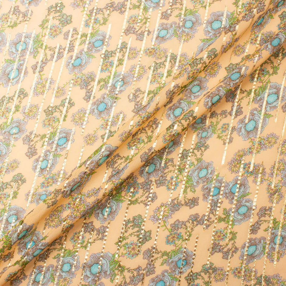 Blue Floral Peach Silk Metallic Chiffon