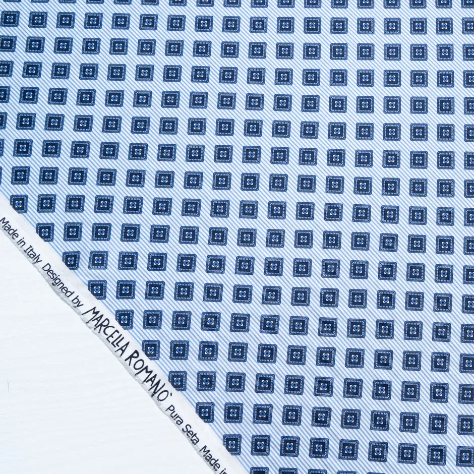 Blue Geo Square Printed Pure Silk Twill