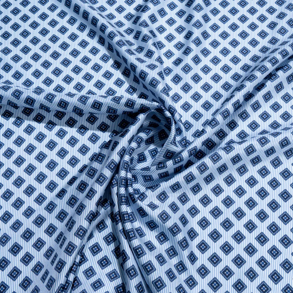 Blue Geo Square Printed Pure Silk Twill