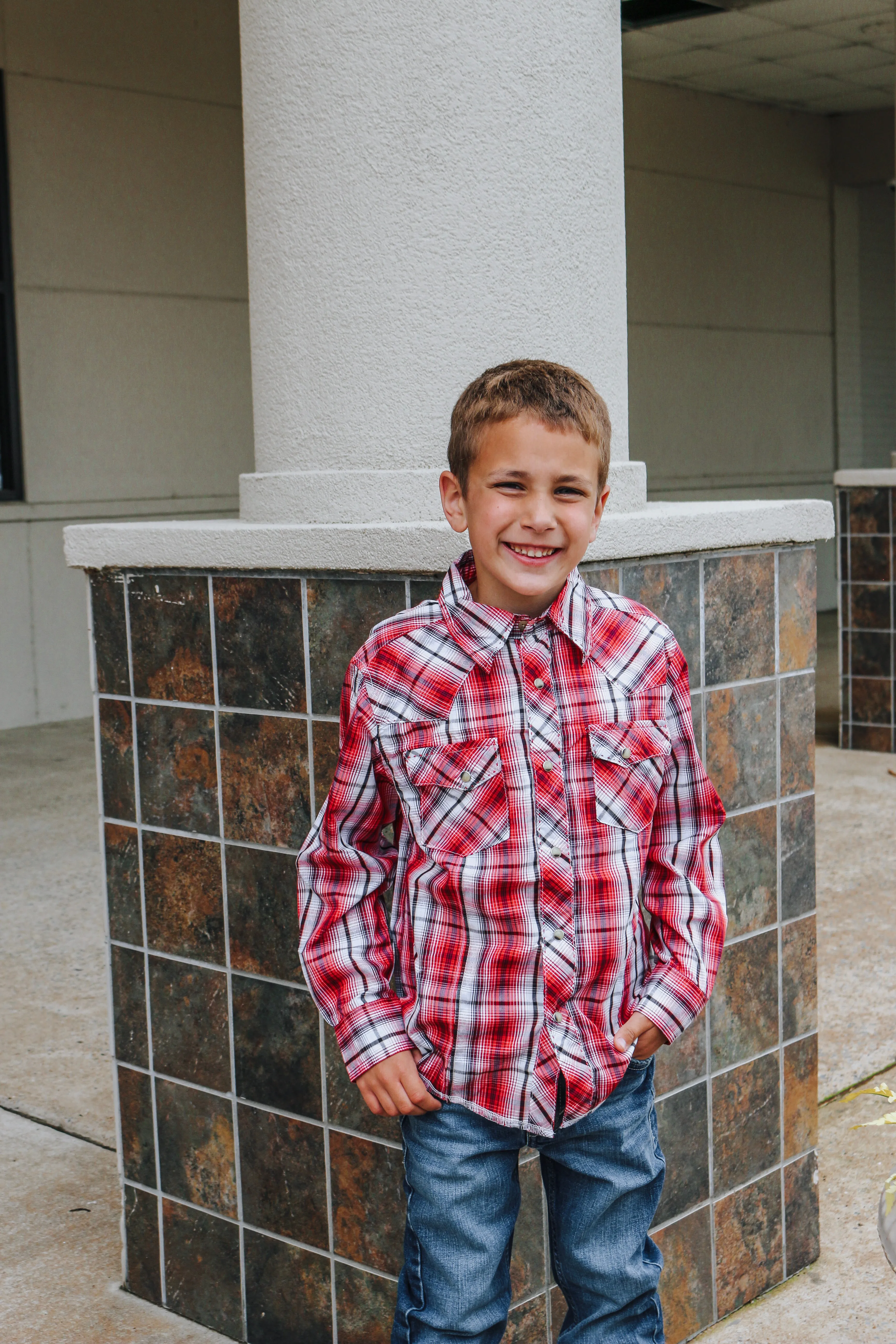 Boy's Long Sleeve Fashion Western Snap Plaid Shirt- Ruby Red