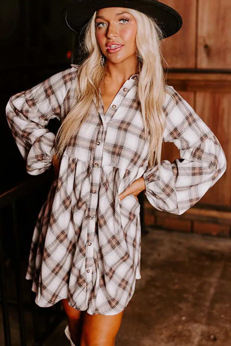 Brown Plaid Bubble Sleeve Shirt Dress