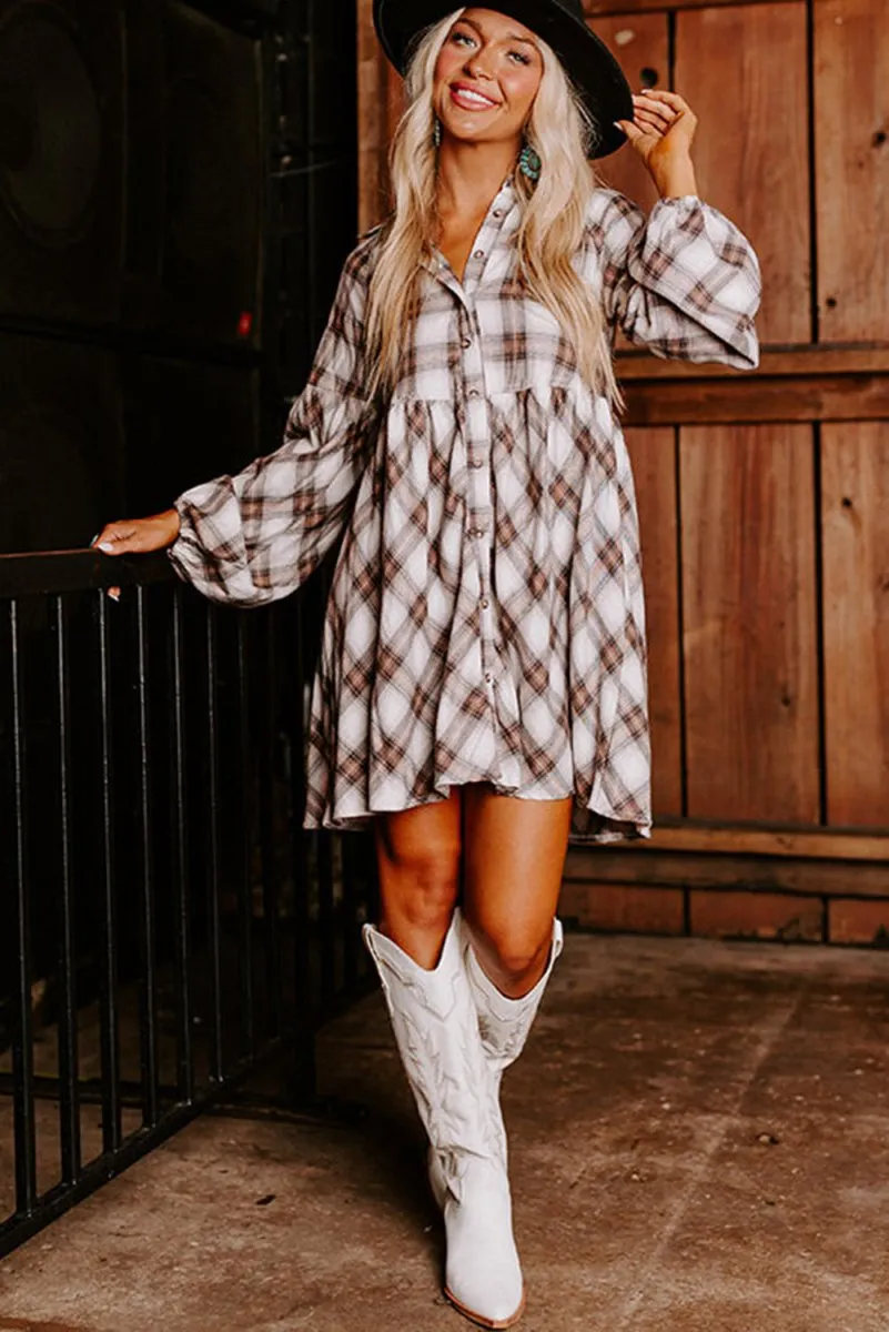 Brown Plaid Bubble Sleeve Shirt Dress