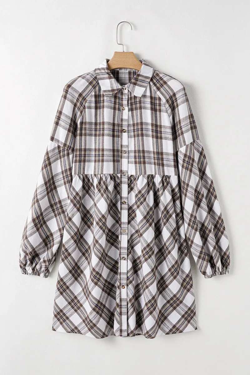 Brown Plaid Bubble Sleeve Shirt Dress