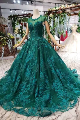 Cap Sleeves Round Neck Open Back Green Lace Prom Dress, Cap Sleeves Green Lace Formal Dress, Green Lace Evening Dress