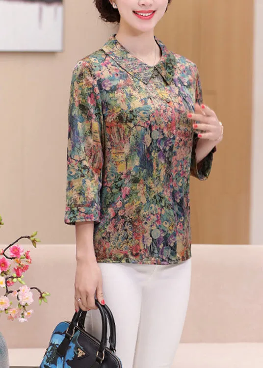 Casual Green Peter Pan Collar Print Silk Shirts Spring LY0444