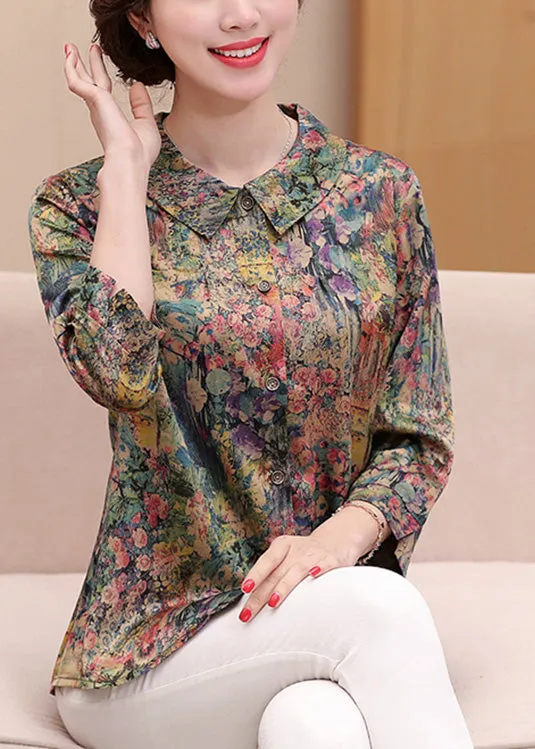 Casual Green Peter Pan Collar Print Silk Shirts Spring LY0444