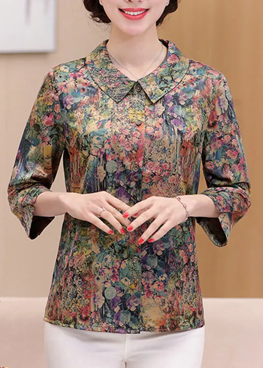 Casual Green Peter Pan Collar Print Silk Shirts Spring LY0444