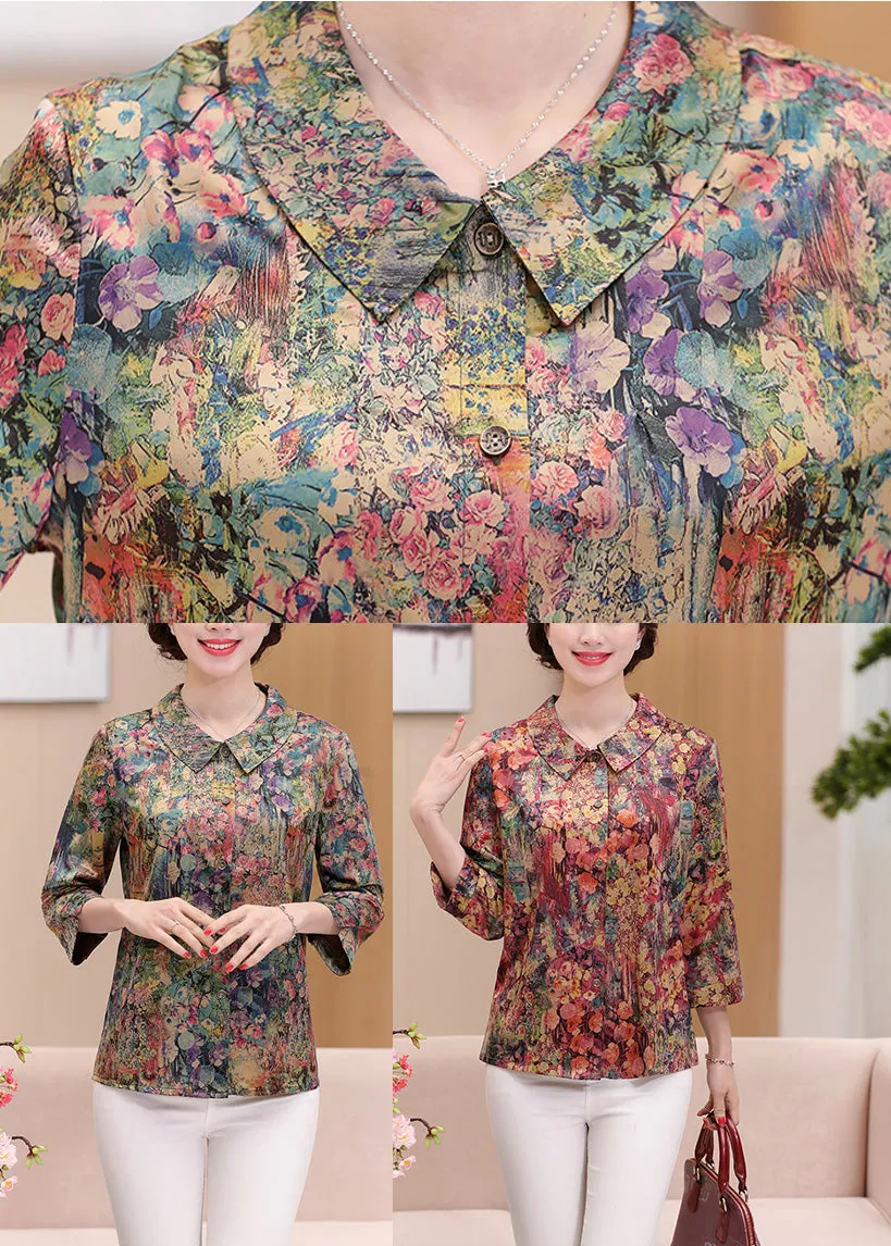 Casual Green Peter Pan Collar Print Silk Shirts Spring LY0444