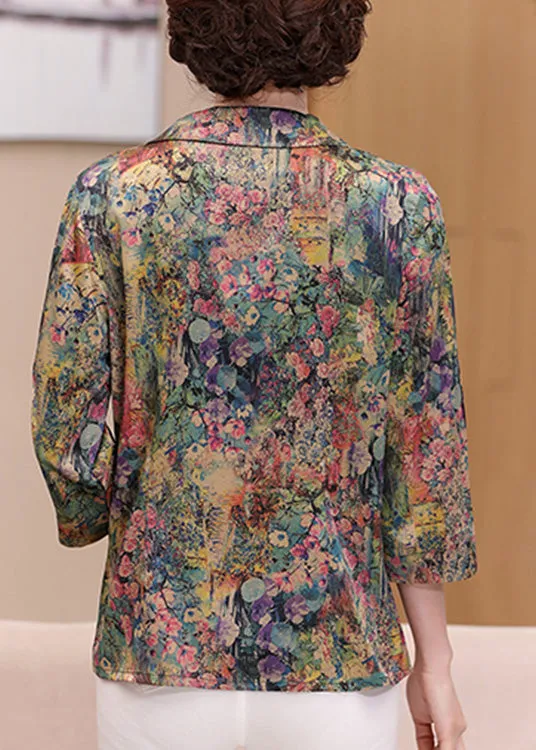 Casual Green Peter Pan Collar Print Silk Shirts Spring LY0444