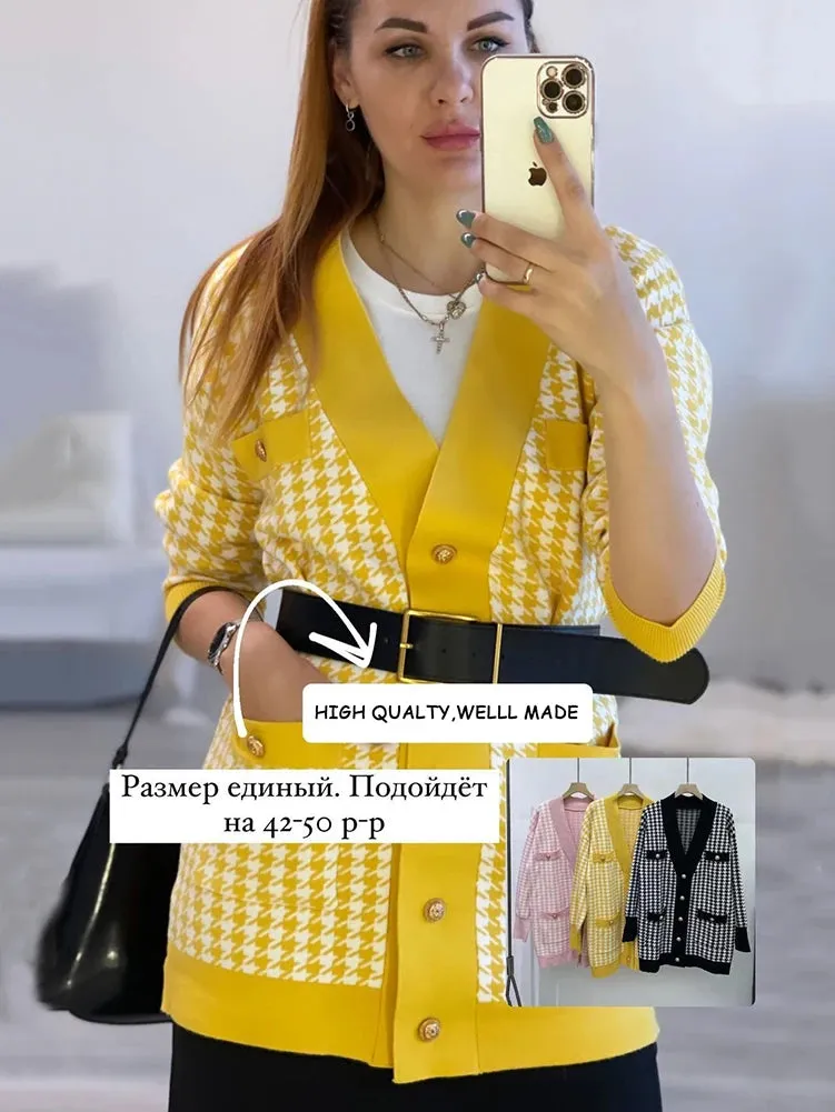 Casual Long Knitted Pink Cardigan Female Autumn Winter Drop Shoulder Sweater Coat Basic Button Women's Houndstooth Tops C-162