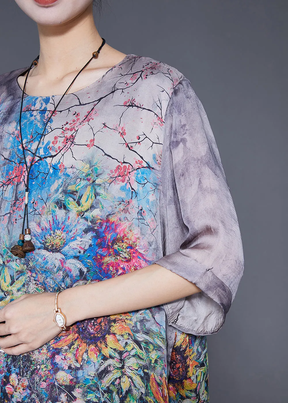 Chic Grey Oversized Patchwork Print Silk Shirts Summer LY6885