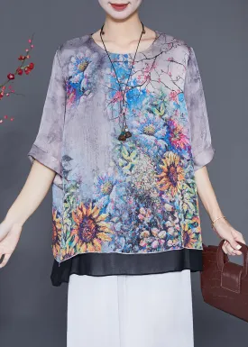 Chic Grey Oversized Patchwork Print Silk Shirts Summer LY6885