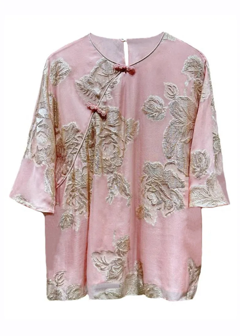 Chic Pink O-Neck Embroideried Button Silk Shirts Bracelet Sleeve  AH501