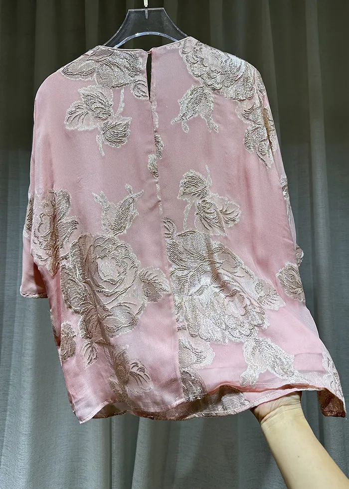 Chic Pink O-Neck Embroideried Button Silk Shirts Bracelet Sleeve  AH501